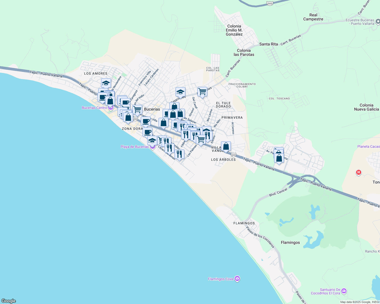 map of restaurants, bars, coffee shops, grocery stores, and more near Las Palmas in Bucerías