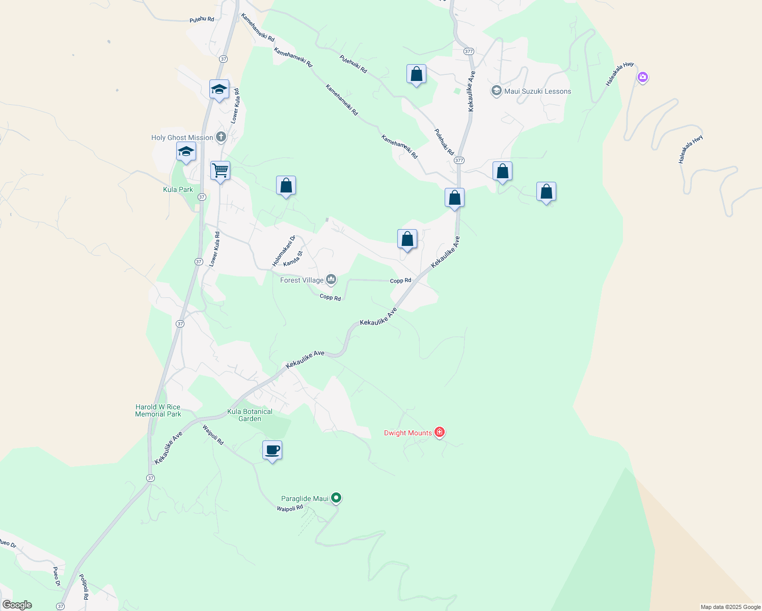 map of restaurants, bars, coffee shops, grocery stores, and more near Wahelani Road in Kula