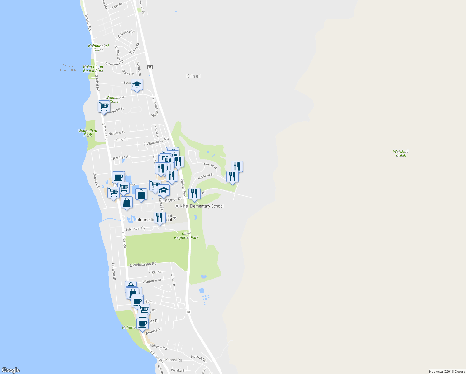 map of restaurants, bars, coffee shops, grocery stores, and more near 535 Lipoa Parkway in Kihei