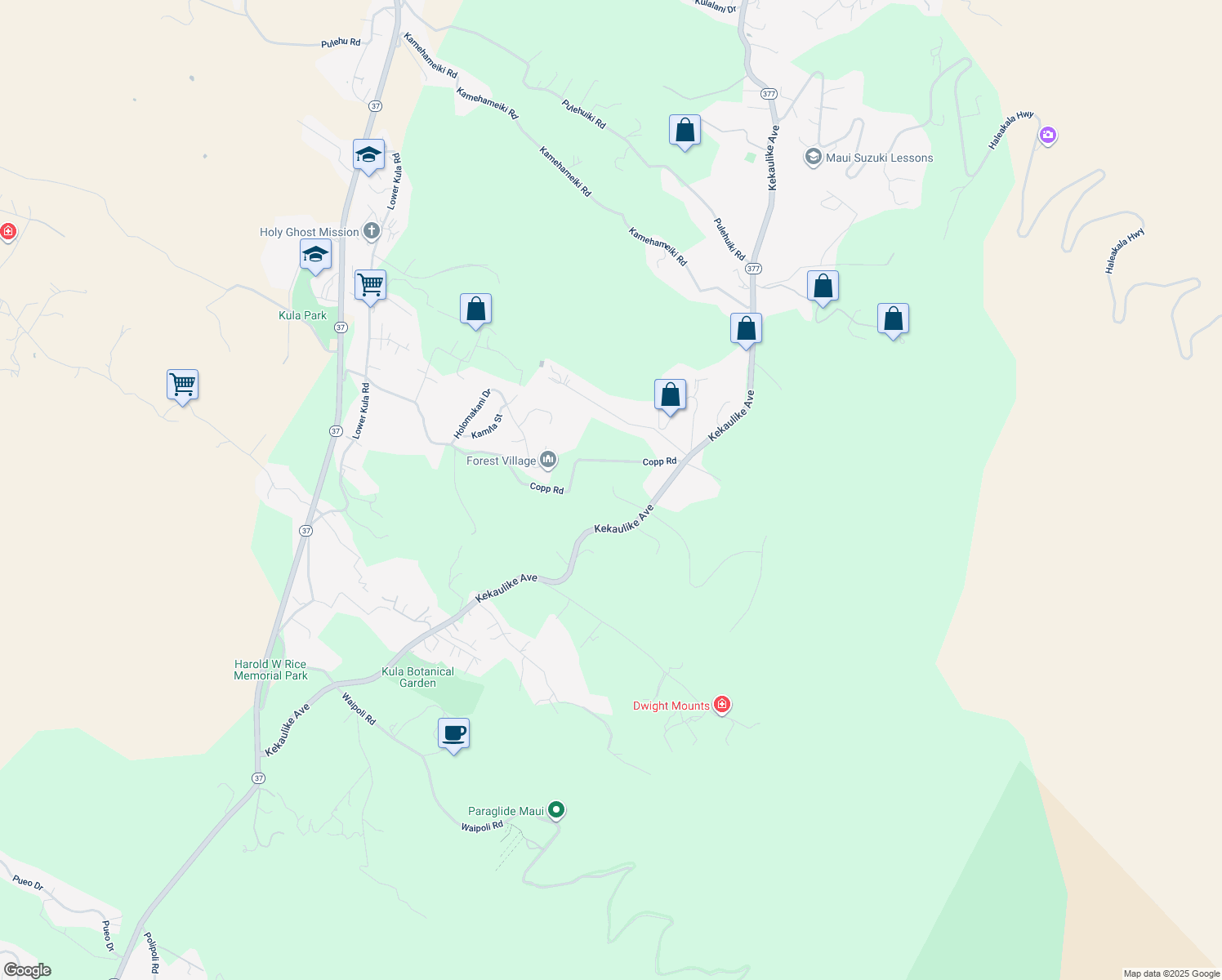 map of restaurants, bars, coffee shops, grocery stores, and more near 1577 Kekaulike Avenue in Kula