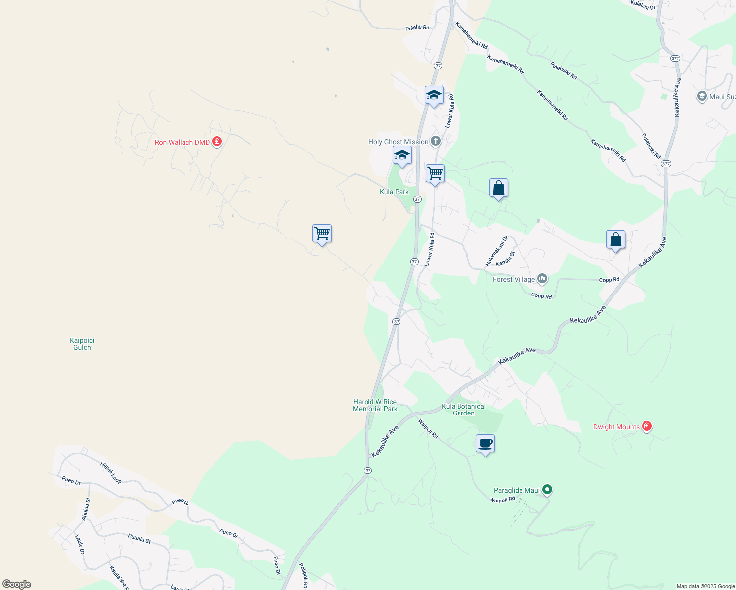 map of restaurants, bars, coffee shops, grocery stores, and more near 155 Naalae Road in Kula