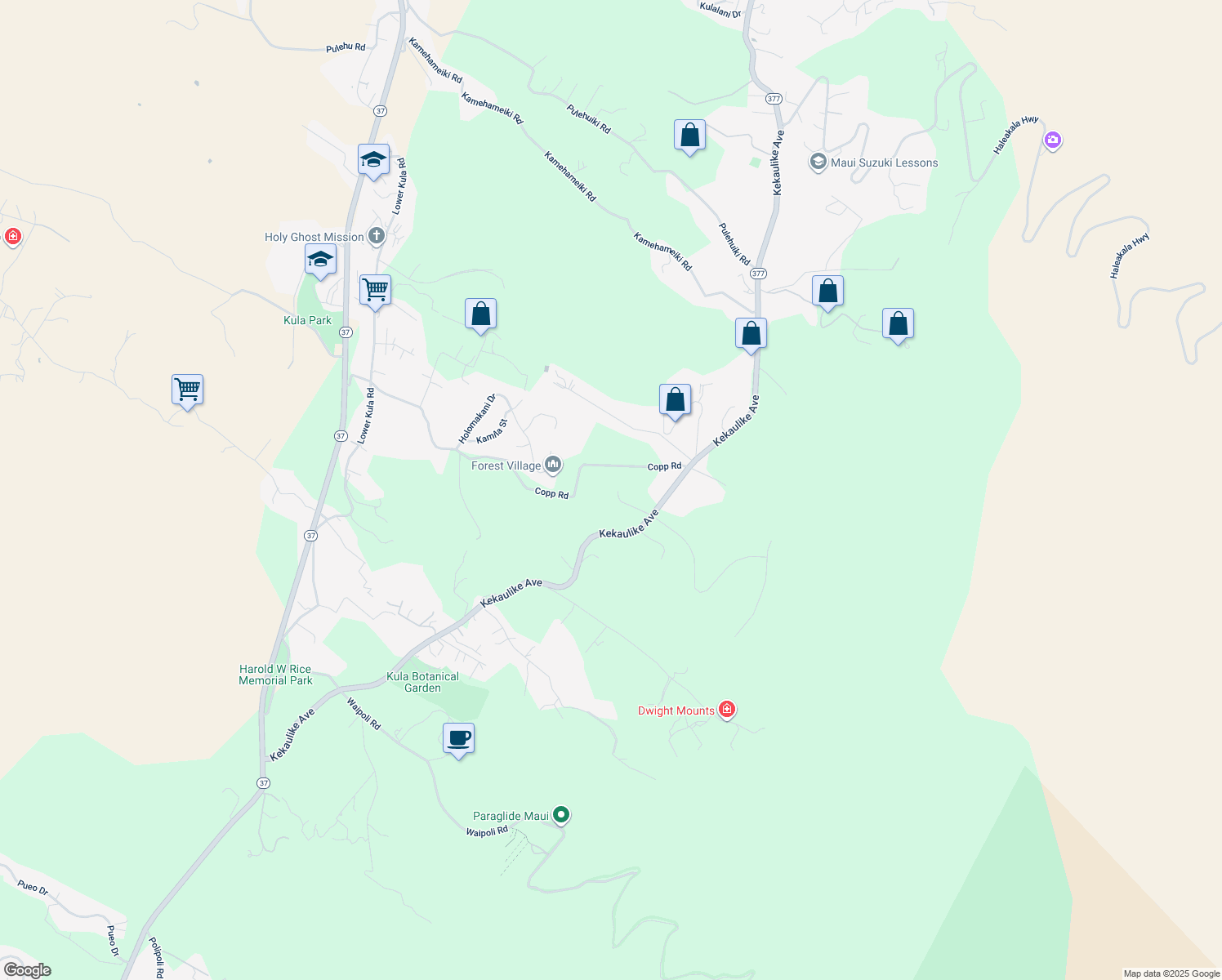 map of restaurants, bars, coffee shops, grocery stores, and more near 1577 Kekaulike Avenue in Kula