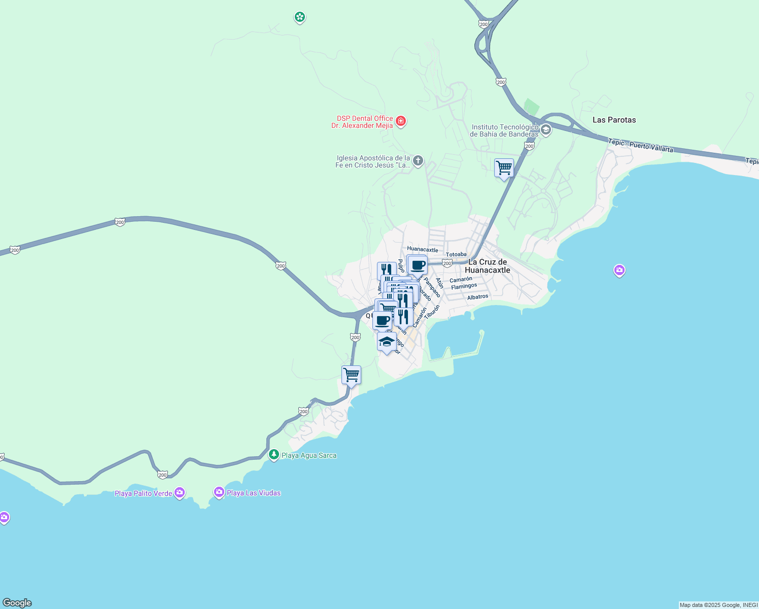map of restaurants, bars, coffee shops, grocery stores, and more near Carretera Federal la Cruz de Huanacaxtle - Punta de Mita in Cruz de Huanacaxtle