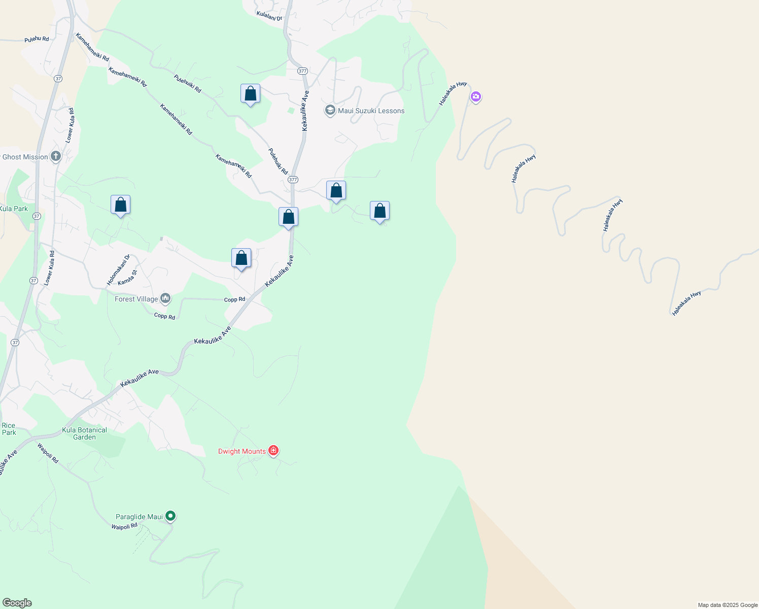 map of restaurants, bars, coffee shops, grocery stores, and more near Kekaulike Avenue in Kula