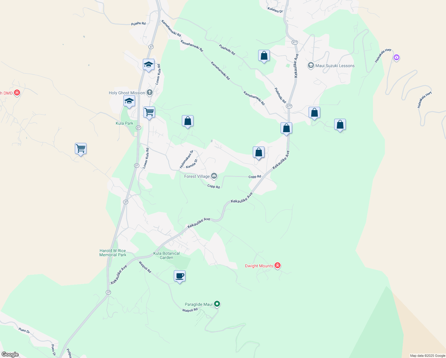 map of restaurants, bars, coffee shops, grocery stores, and more near 1001 Copp Road in Kula