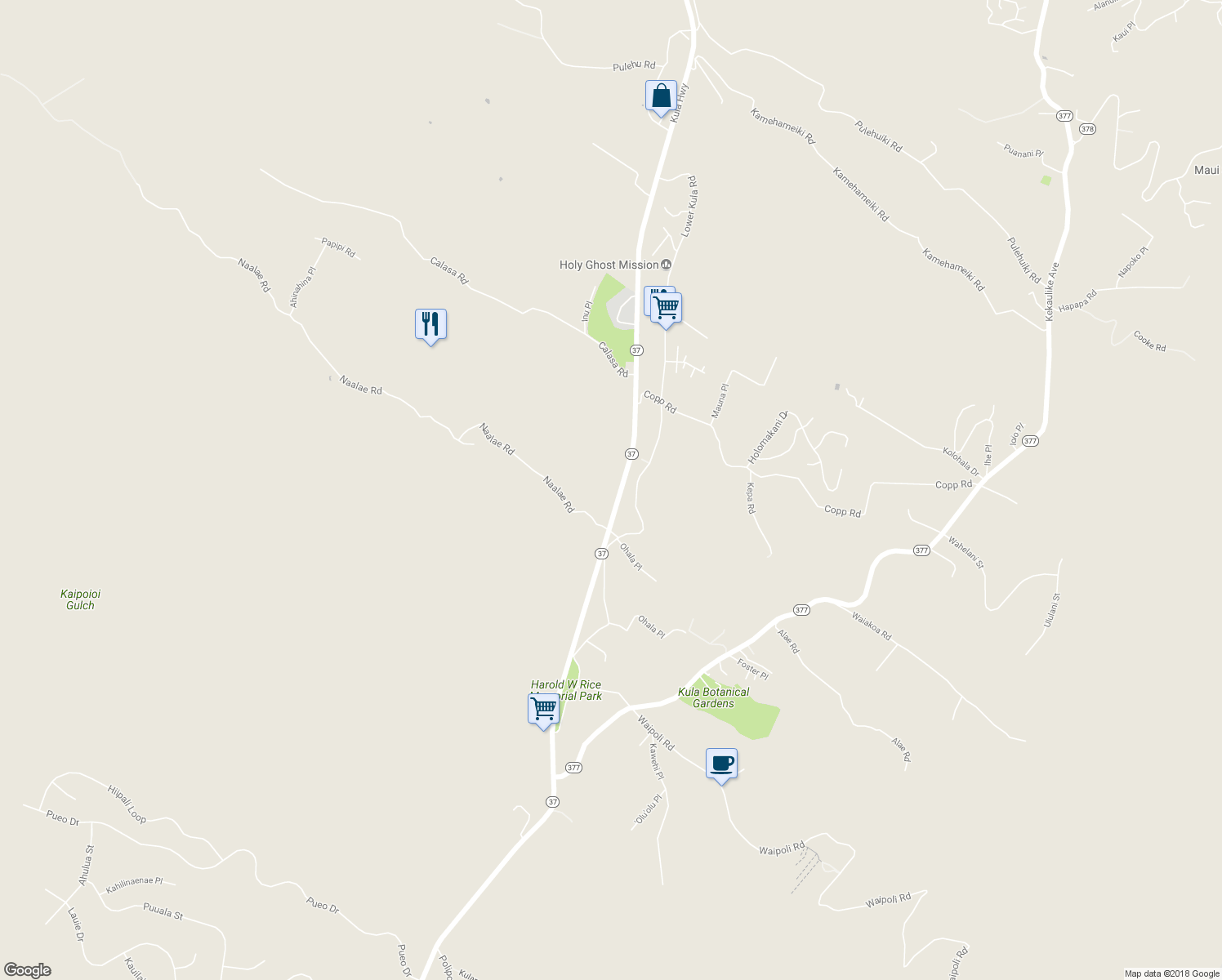 map of restaurants, bars, coffee shops, grocery stores, and more near 5430 Kula Highway in Kula