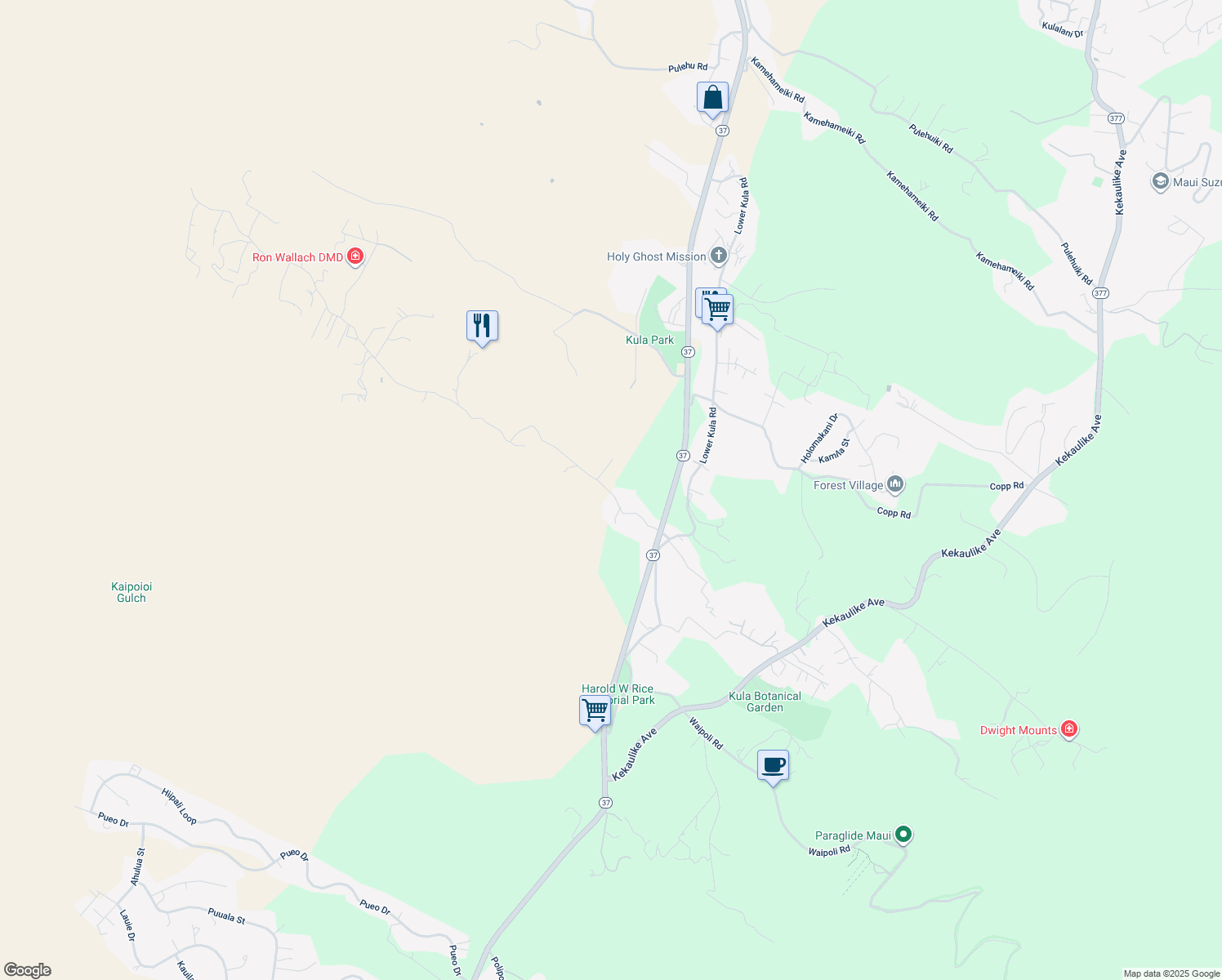 map of restaurants, bars, coffee shops, grocery stores, and more near 234 Naalae Road in Kula