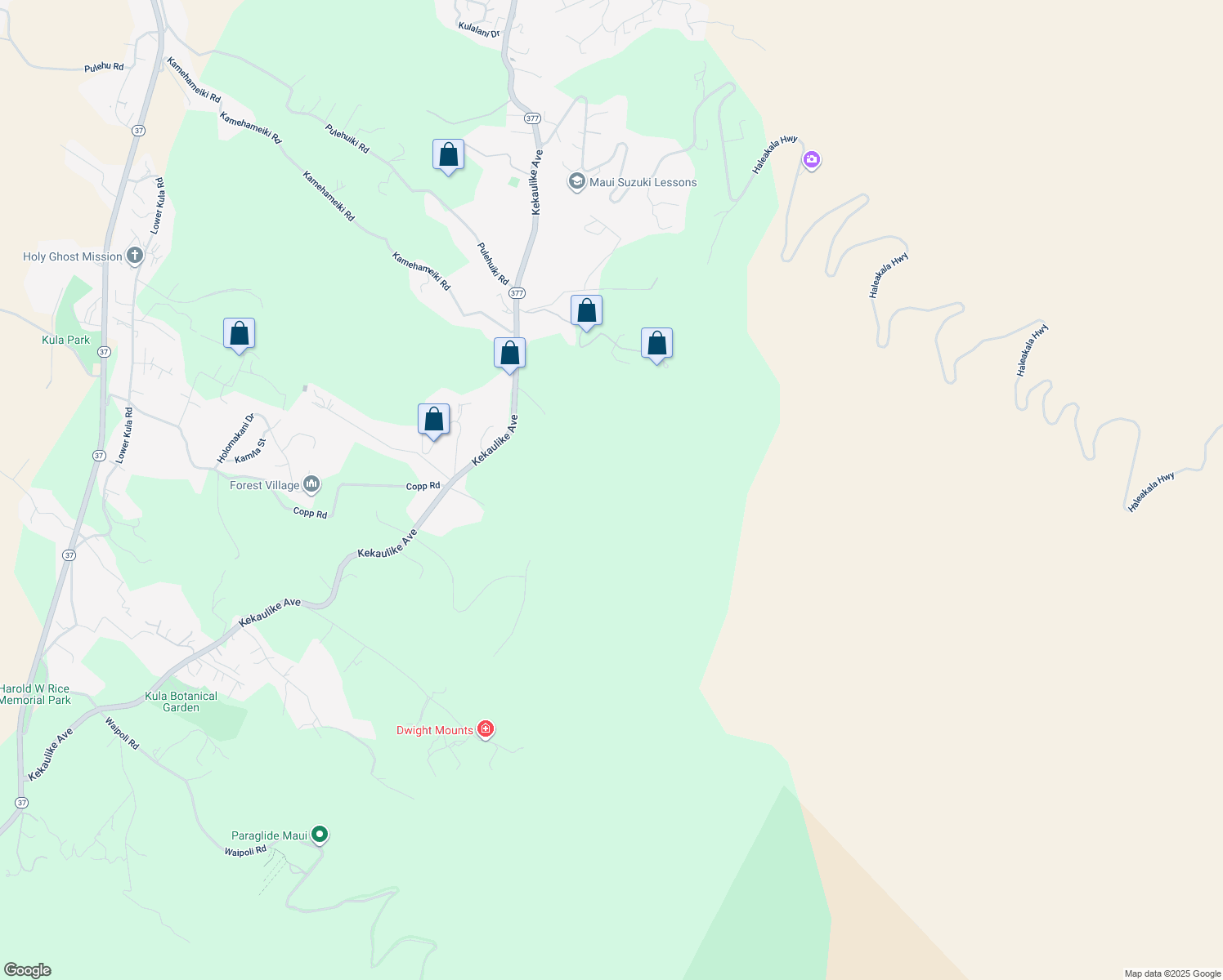 map of restaurants, bars, coffee shops, grocery stores, and more near 0 Kekaulike Avenue in Kula