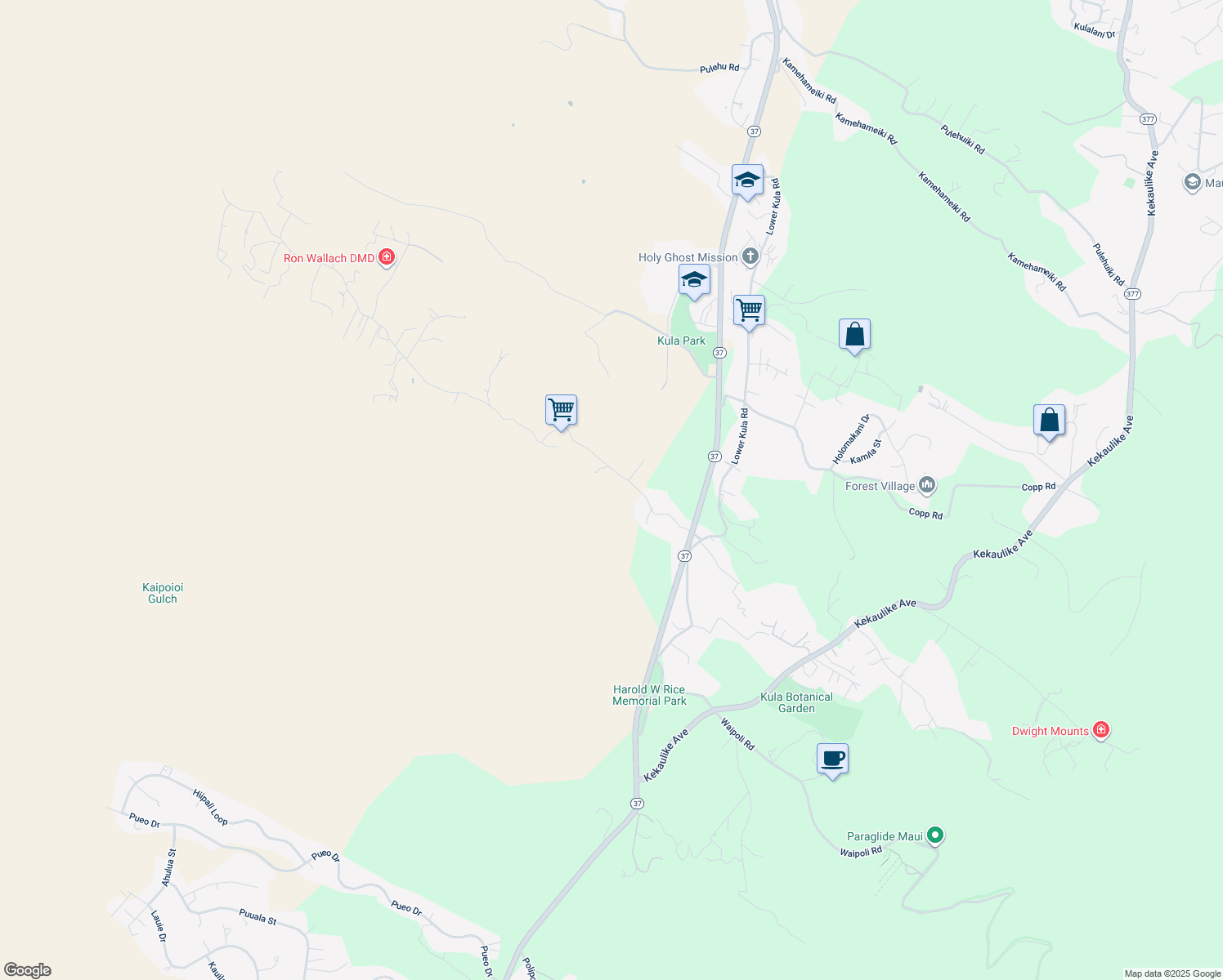 map of restaurants, bars, coffee shops, grocery stores, and more near 303 Naalae Road in Kula