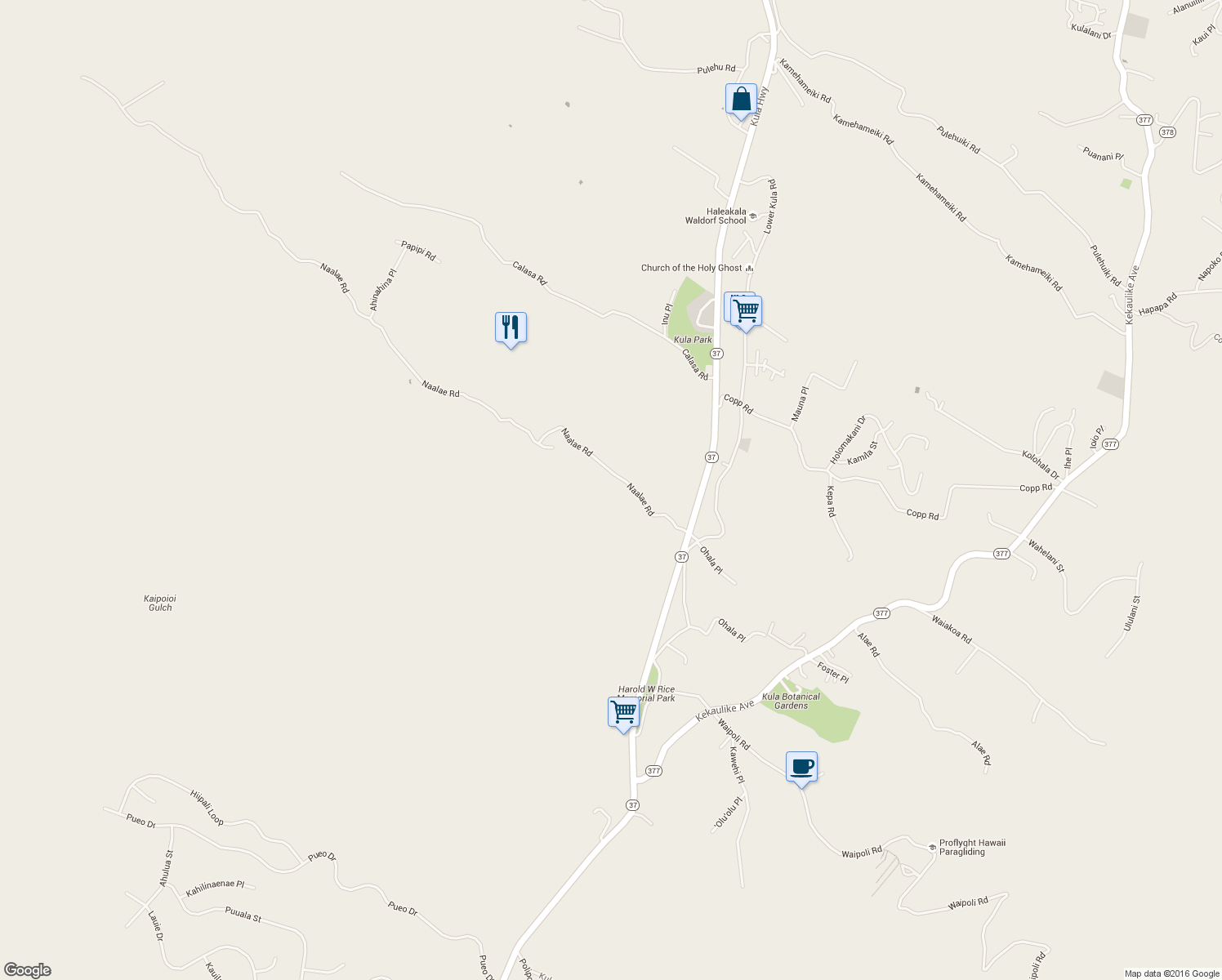 map of restaurants, bars, coffee shops, grocery stores, and more near 303 Naalae Road in Kula