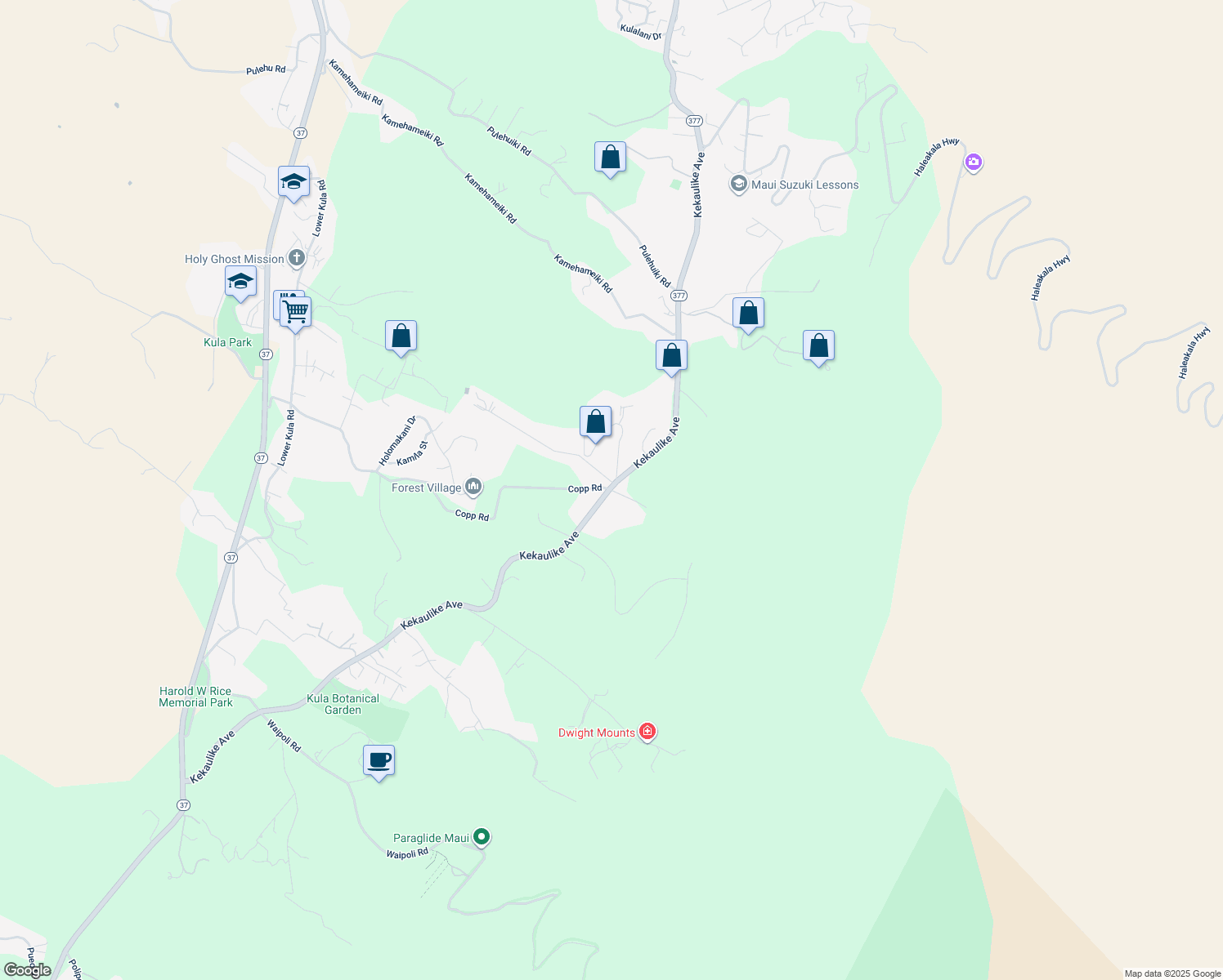 map of restaurants, bars, coffee shops, grocery stores, and more near 909 Copp Road in Kula