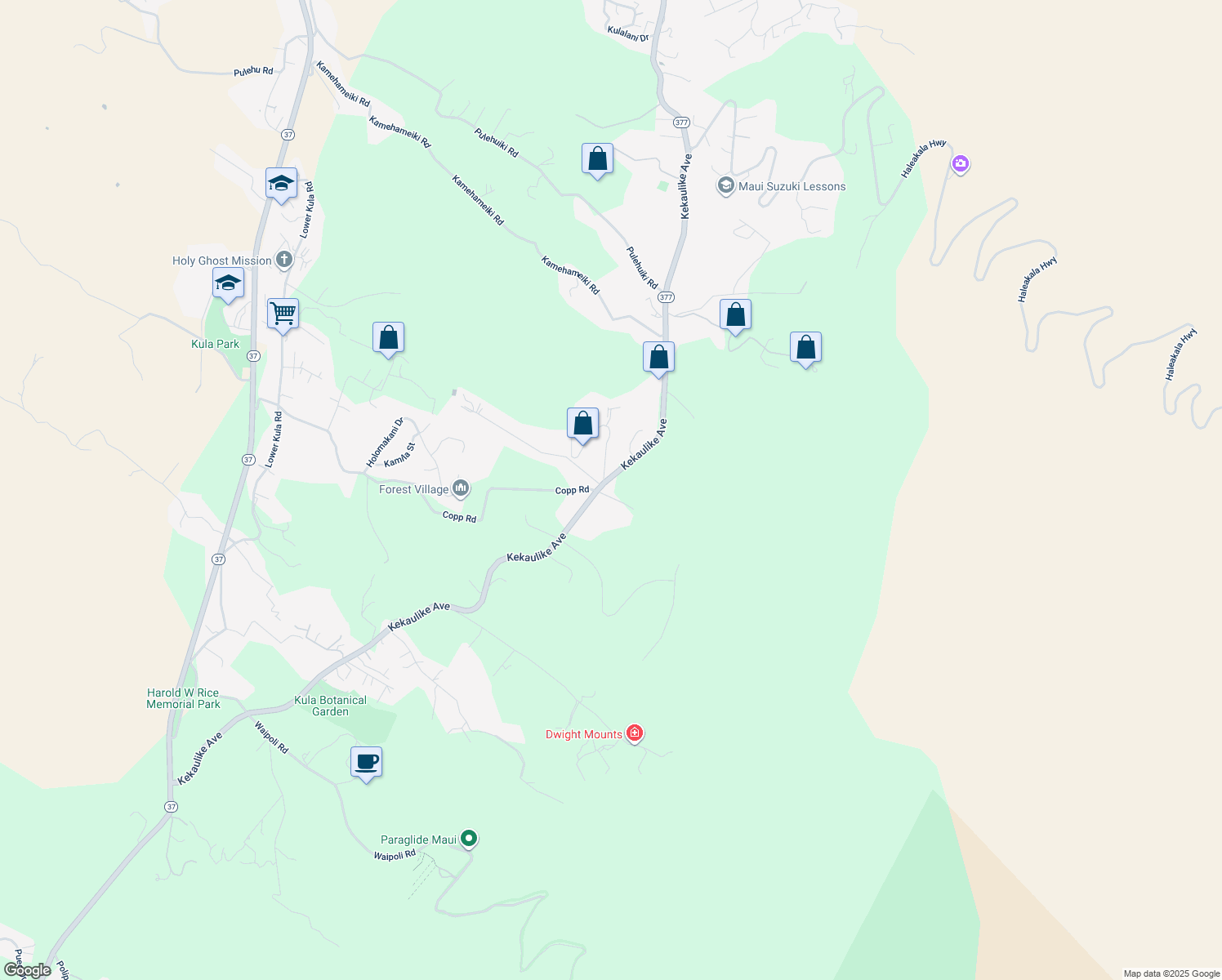 map of restaurants, bars, coffee shops, grocery stores, and more near 1895 Kekaulike Avenue in Kula