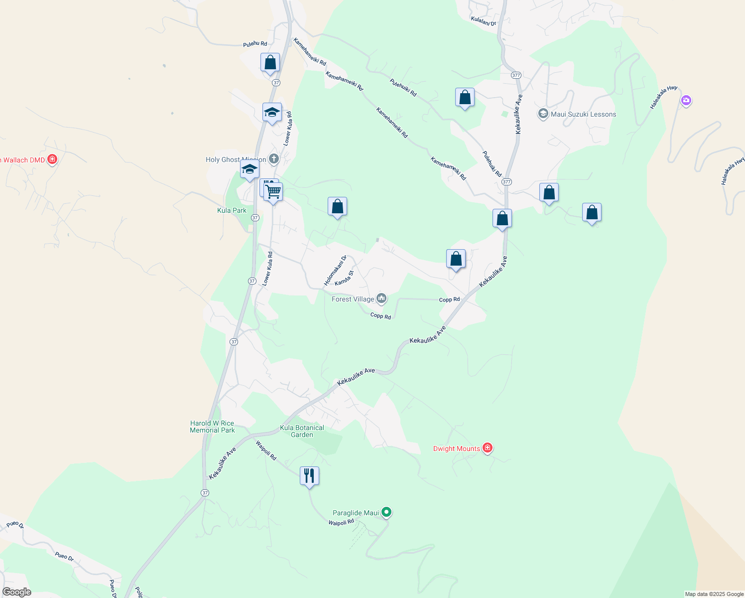map of restaurants, bars, coffee shops, grocery stores, and more near 171 Holomakani Place in Kula