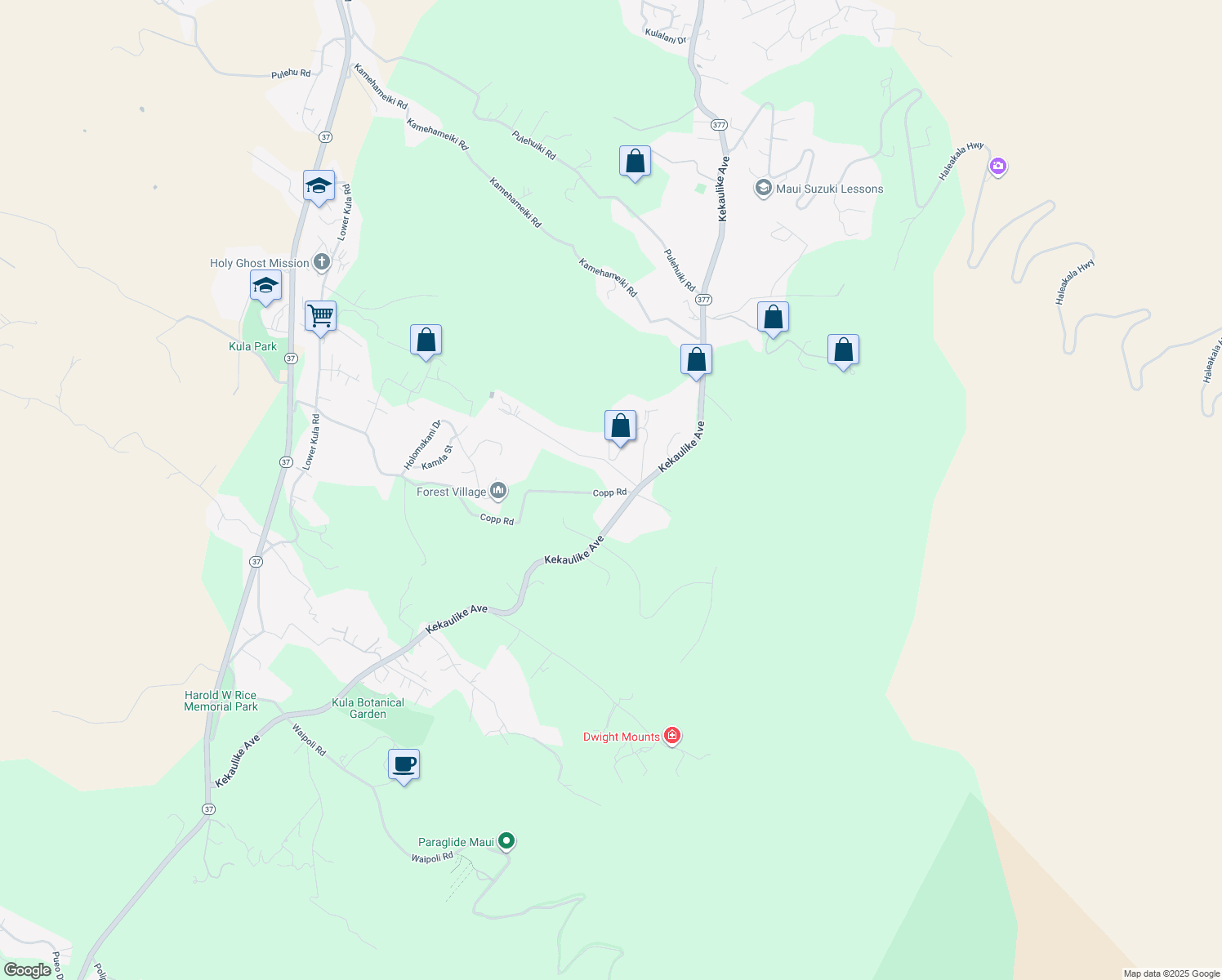map of restaurants, bars, coffee shops, grocery stores, and more near 1375 Copp Road in Kula