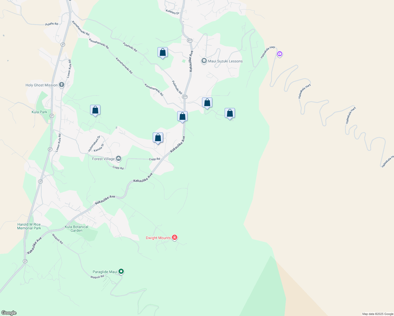 map of restaurants, bars, coffee shops, grocery stores, and more near 2176 Kekaulike Avenue in Kula
