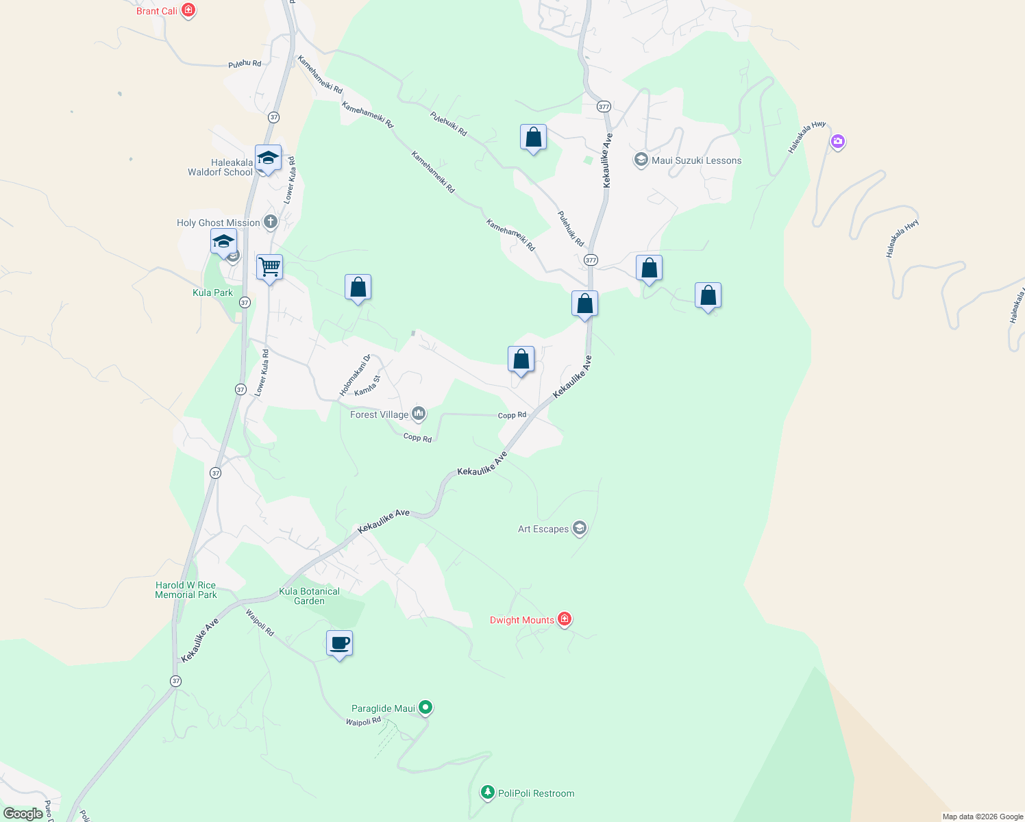 map of restaurants, bars, coffee shops, grocery stores, and more near 1375 Copp Road in Kula