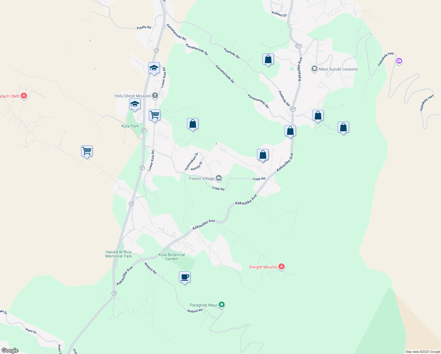 map of restaurants, bars, coffee shops, grocery stores, and more near 198 Holomakani Place in Kula