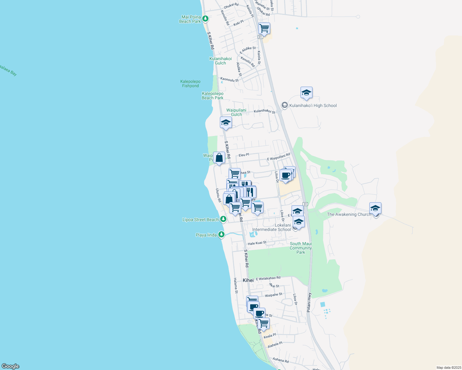 map of restaurants, bars, coffee shops, grocery stores, and more near 1156 South Kihei Road in Kihei