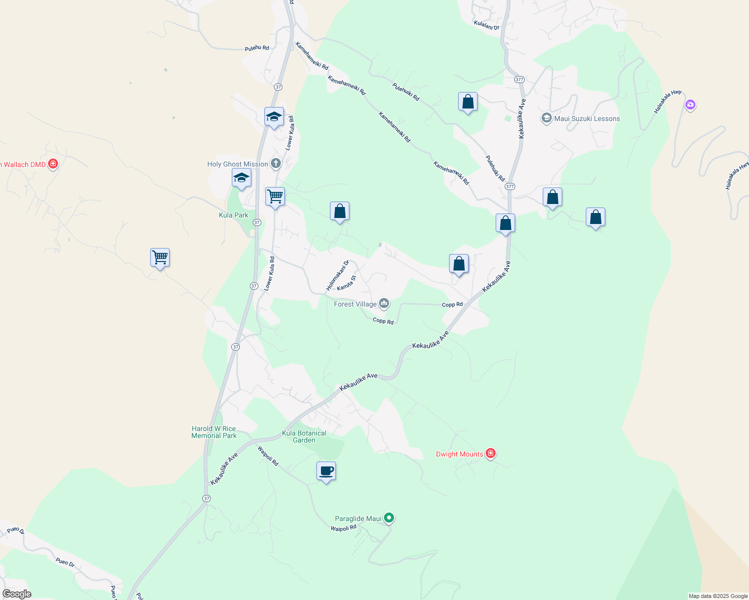 map of restaurants, bars, coffee shops, grocery stores, and more near 151 Holomakani Place in Kula