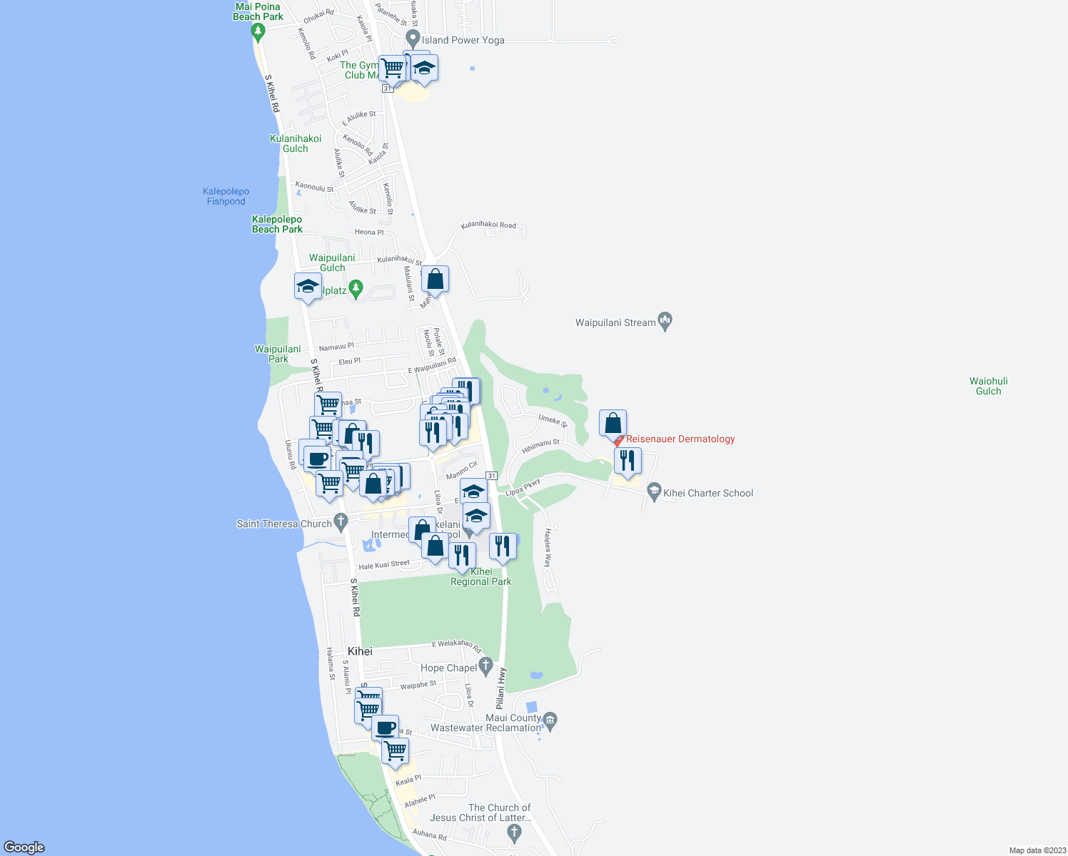 map of restaurants, bars, coffee shops, grocery stores, and more near 2760 Umeke Circle in Kihei