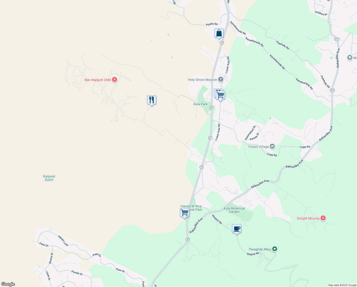 map of restaurants, bars, coffee shops, grocery stores, and more near 373 Naalae Road in Kula