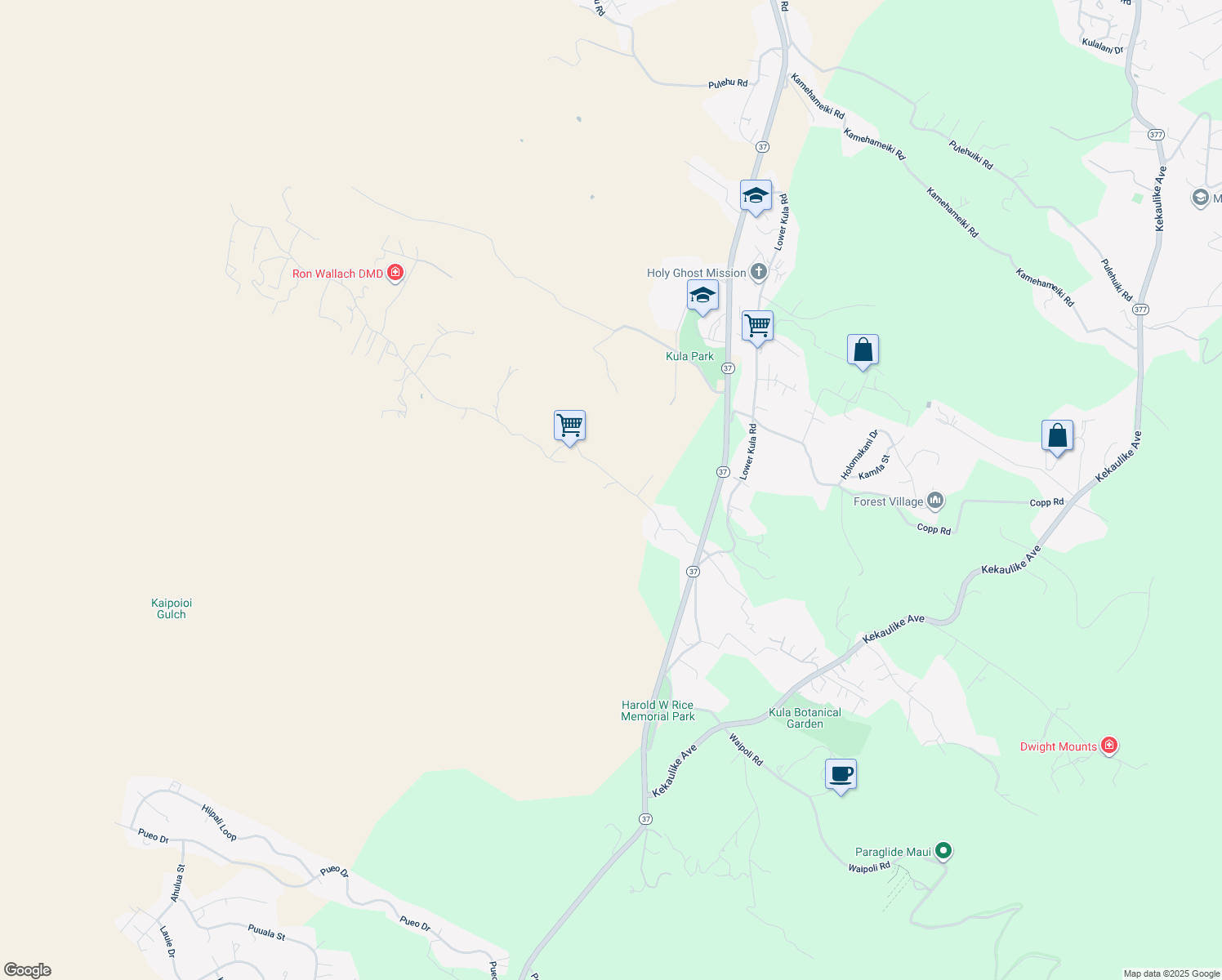 map of restaurants, bars, coffee shops, grocery stores, and more near 373 Naalae Road in Kula