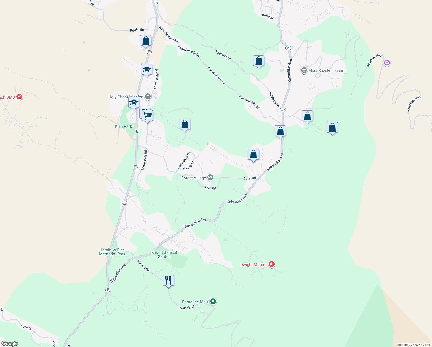 map of restaurants, bars, coffee shops, grocery stores, and more near 1001 Copp Road in Kula