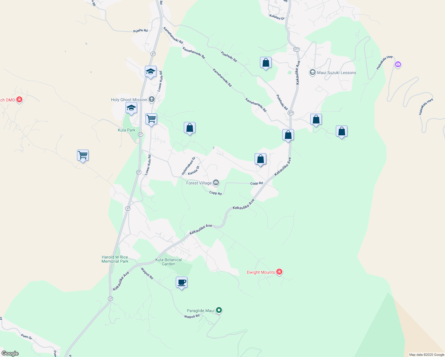 map of restaurants, bars, coffee shops, grocery stores, and more near 1001 Copp Road in Kula