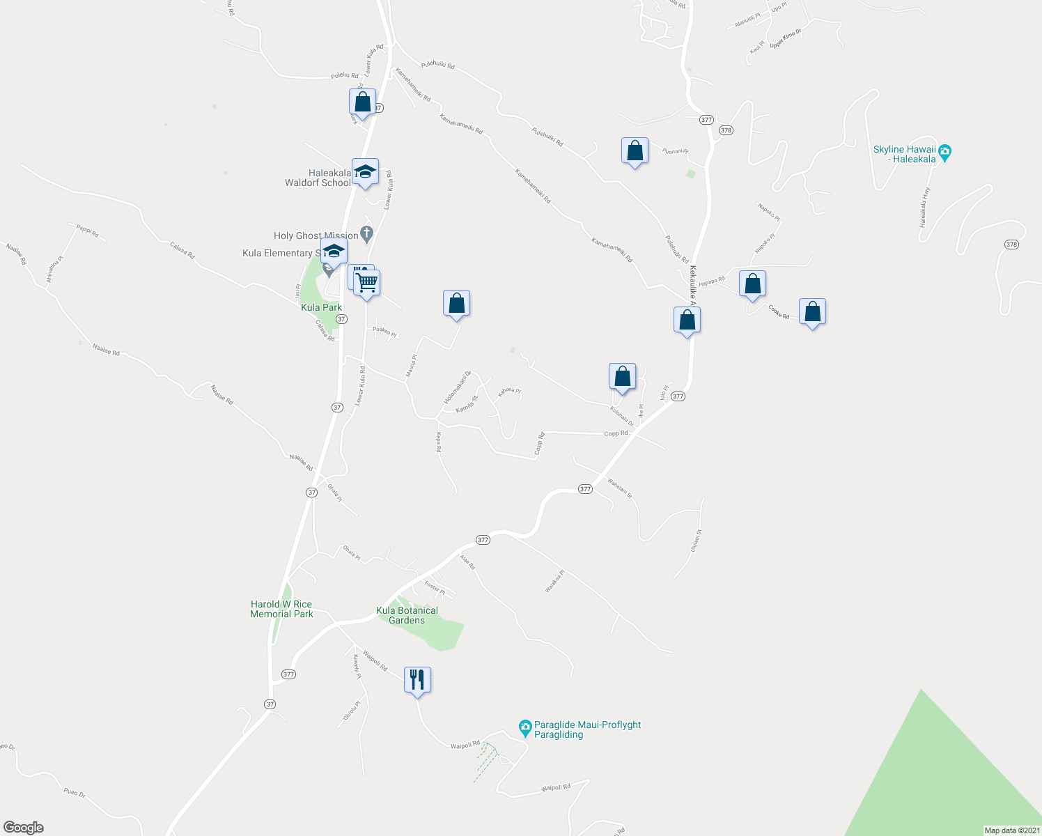 map of restaurants, bars, coffee shops, grocery stores, and more near 208 Holomakani Place in Kula