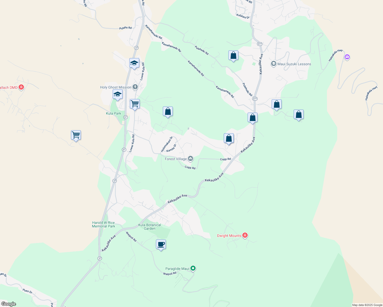 map of restaurants, bars, coffee shops, grocery stores, and more near 208 Holomakani Place in Kula