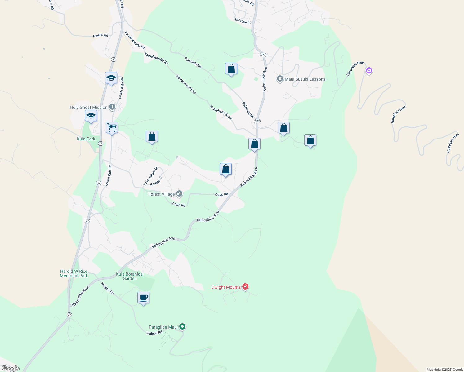 map of restaurants, bars, coffee shops, grocery stores, and more near 55 Ihe Place in Kula