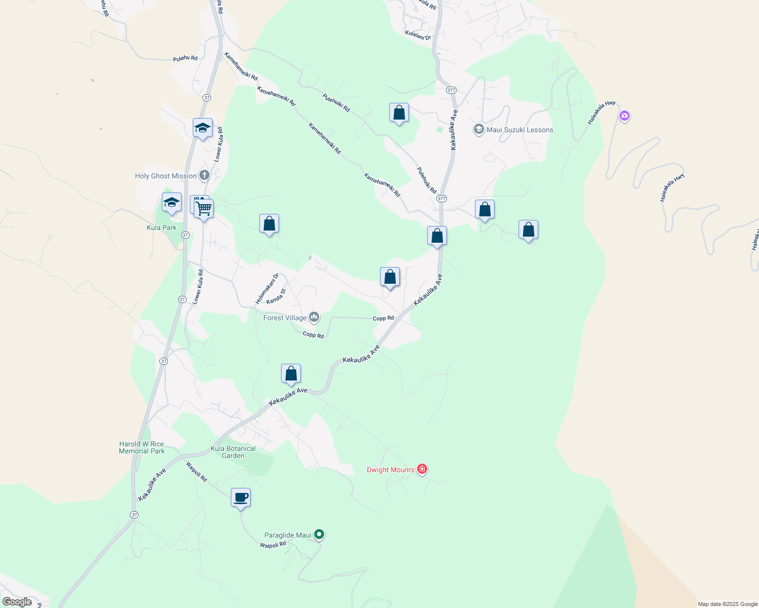 map of restaurants, bars, coffee shops, grocery stores, and more near 155 Kolohala Drive in Kula