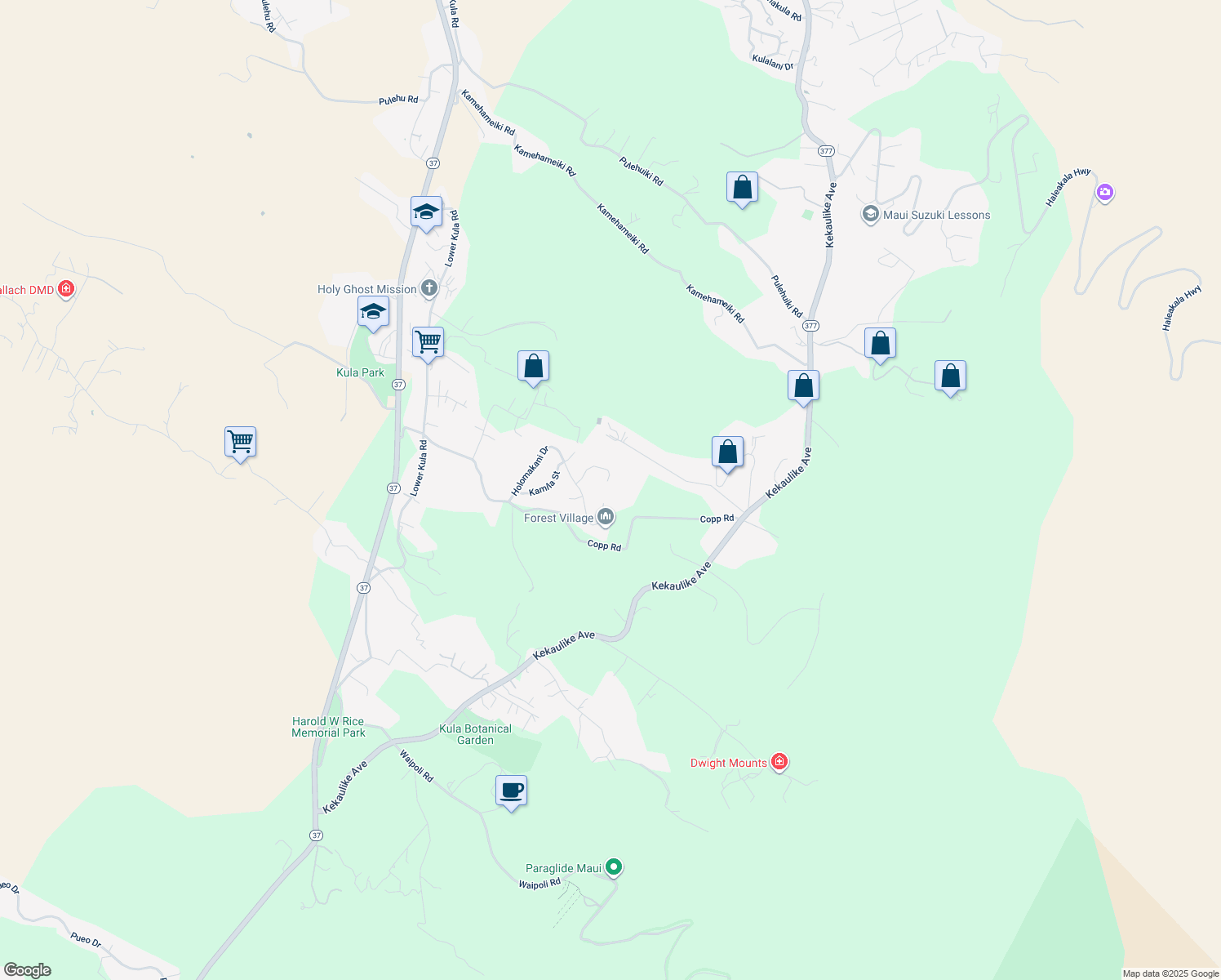 map of restaurants, bars, coffee shops, grocery stores, and more near 77 Kahoea Place in Kula