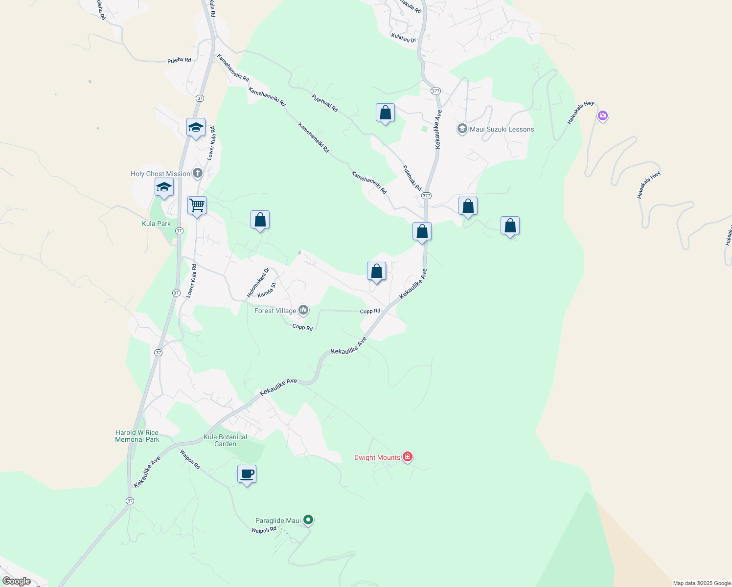 map of restaurants, bars, coffee shops, grocery stores, and more near 155 Kolohala Drive in Kula
