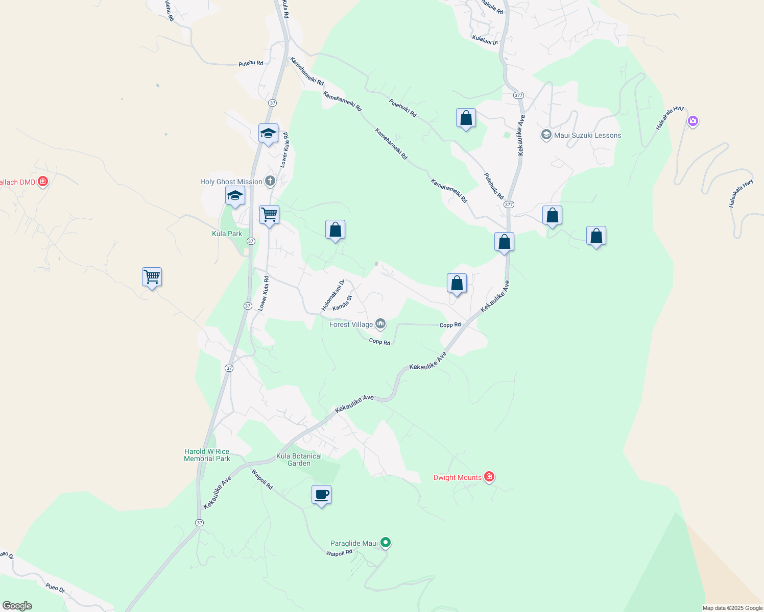 map of restaurants, bars, coffee shops, grocery stores, and more near 77 Kahoea Place in Kula