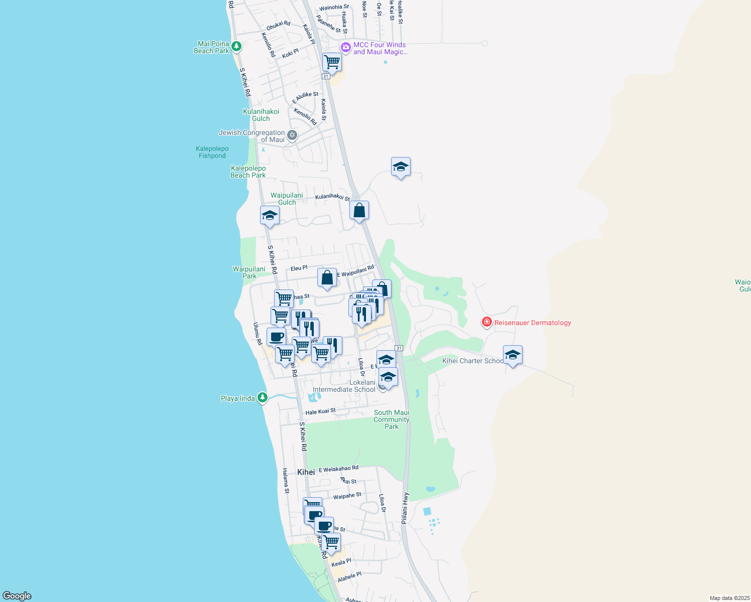map of restaurants, bars, coffee shops, grocery stores, and more near 104 Luakaha Circle in Kihei