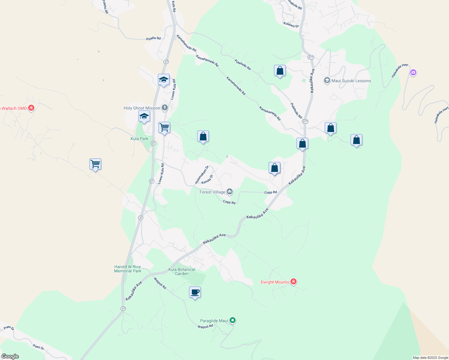 map of restaurants, bars, coffee shops, grocery stores, and more near 6 Kahoea Place in Kula