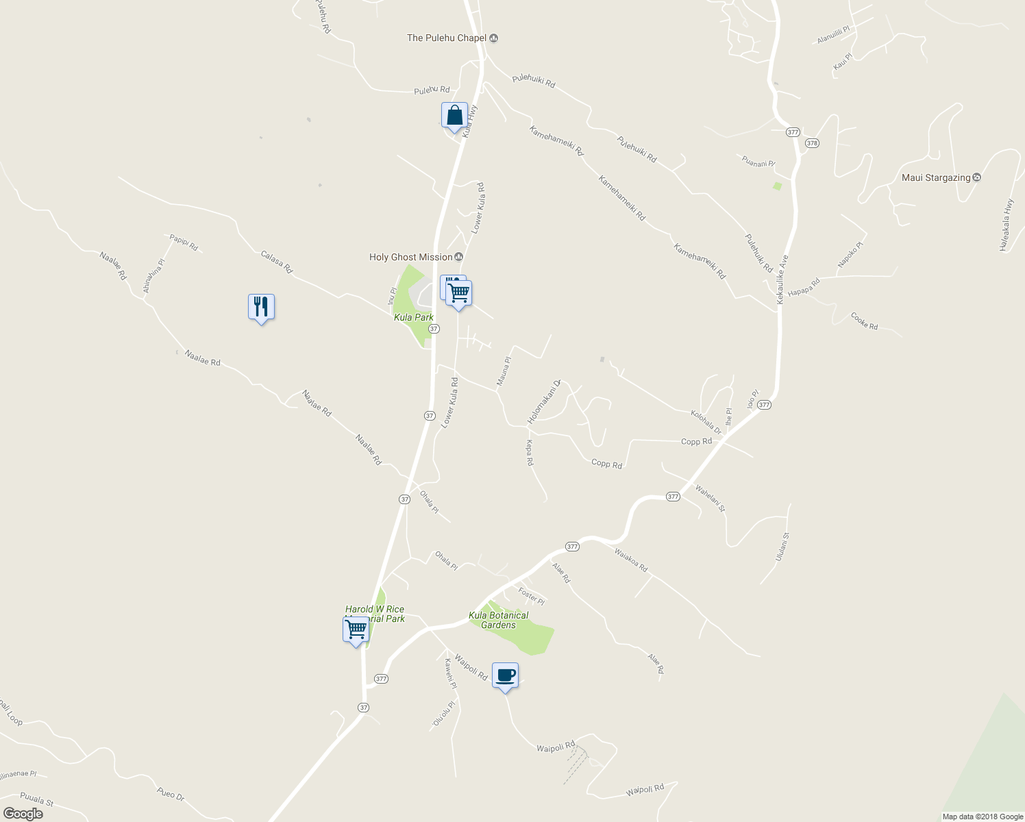 map of restaurants, bars, coffee shops, grocery stores, and more near 395 Copp Road in Kula