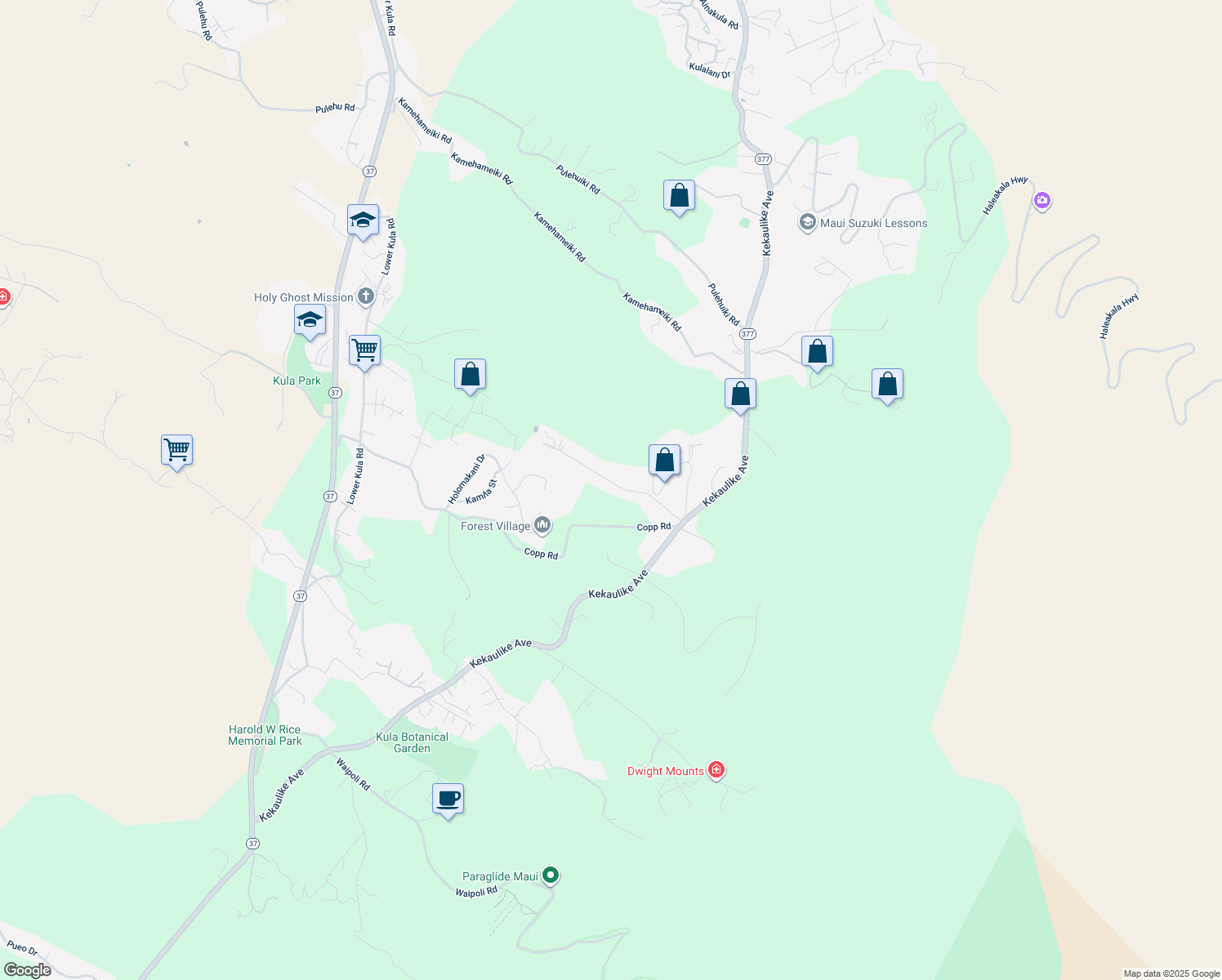 map of restaurants, bars, coffee shops, grocery stores, and more near 263 Kolohala Drive in Kula