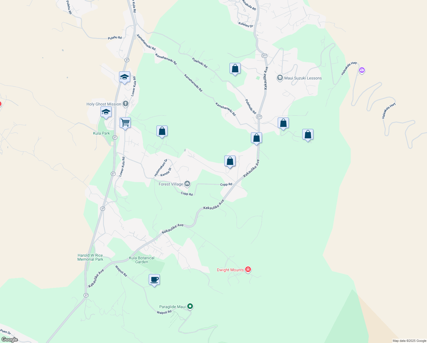 map of restaurants, bars, coffee shops, grocery stores, and more near 263 Kolohala Drive in Kula