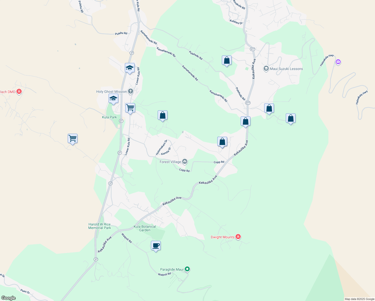 map of restaurants, bars, coffee shops, grocery stores, and more near 59 Kahoea Place in Kula