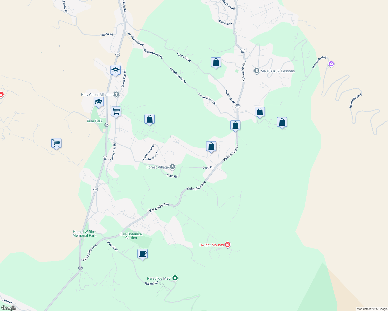 map of restaurants, bars, coffee shops, grocery stores, and more near 263 Kolohala Drive in Kula
