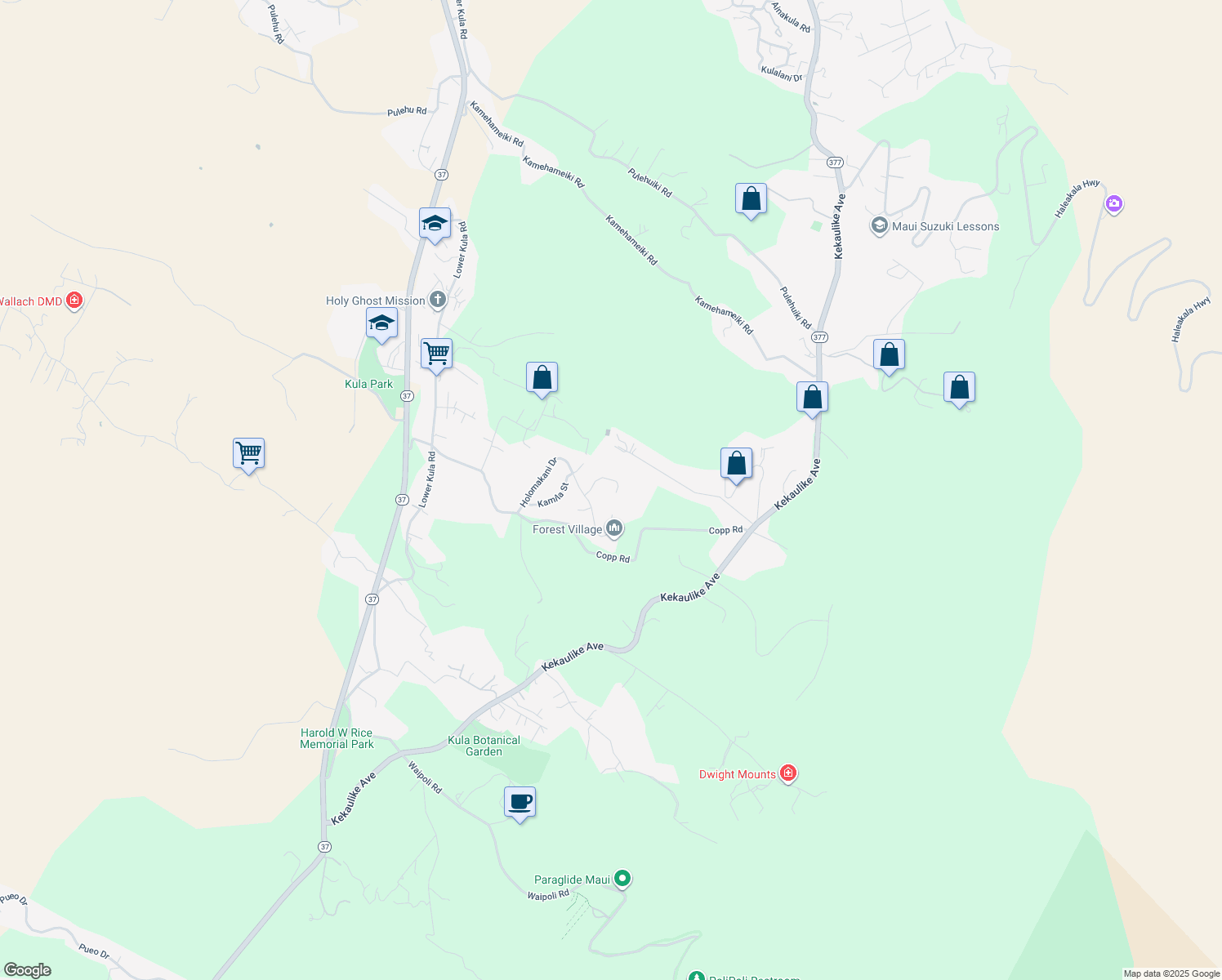 map of restaurants, bars, coffee shops, grocery stores, and more near 36 Kahoea Place in Kula