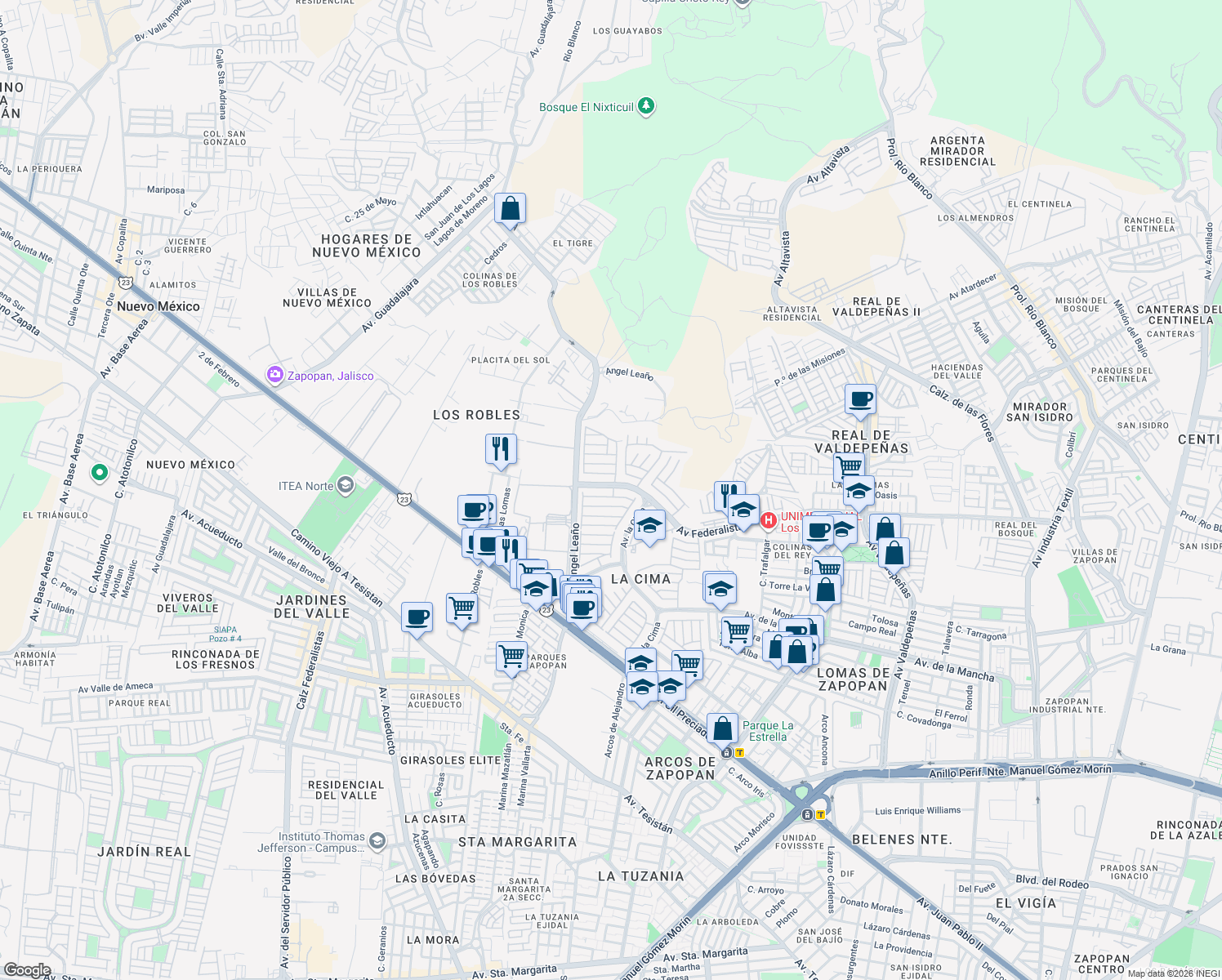 map of restaurants, bars, coffee shops, grocery stores, and more near 2133 Avenida Federalistas in Zapopan