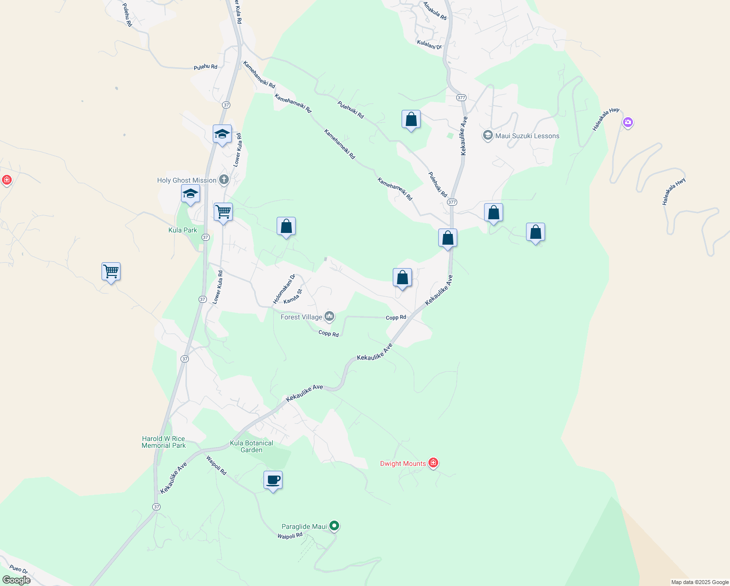 map of restaurants, bars, coffee shops, grocery stores, and more near 319 Kolohala Drive in Kula