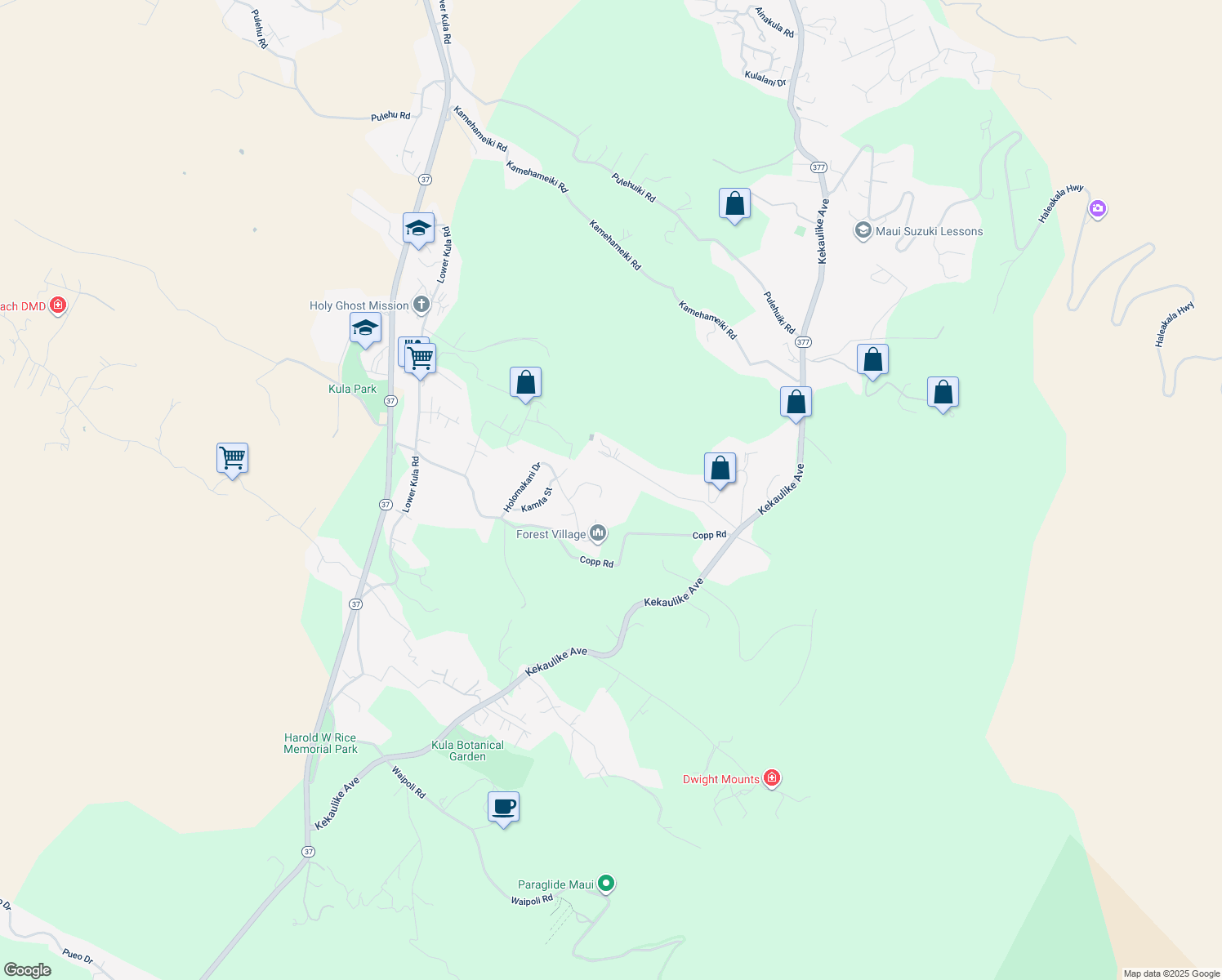 map of restaurants, bars, coffee shops, grocery stores, and more near 59 Kahoea Place in Kula