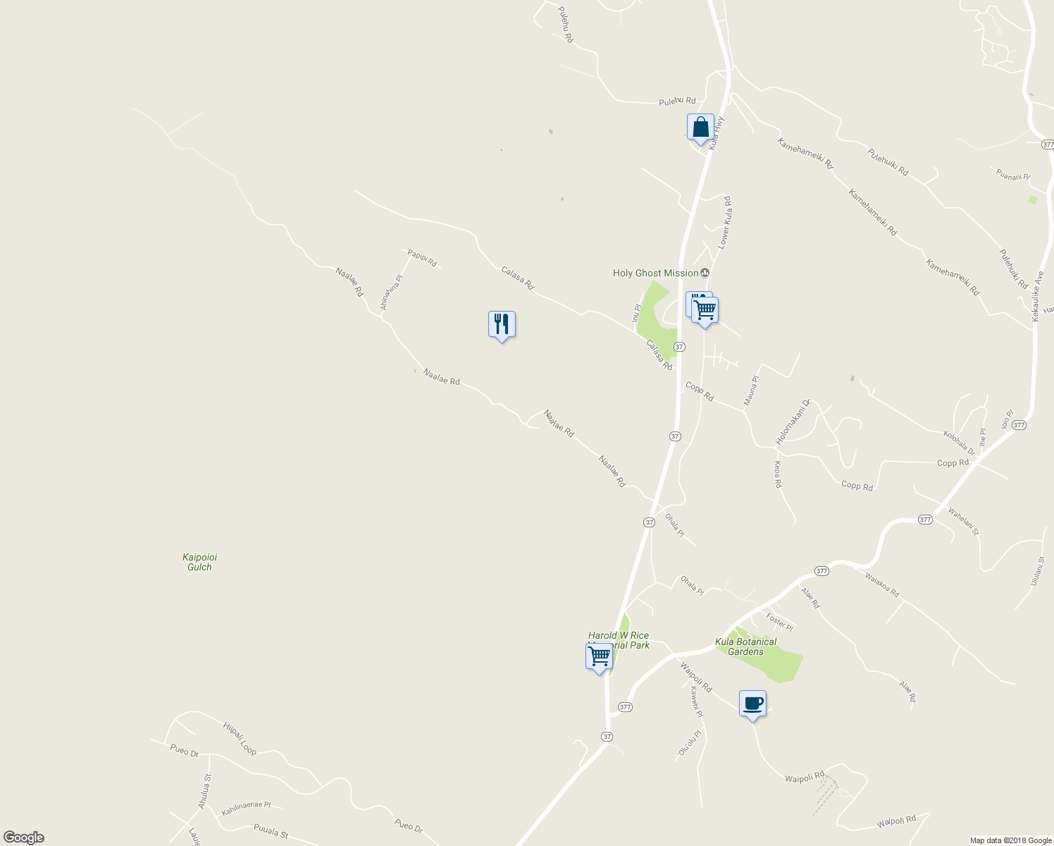 map of restaurants, bars, coffee shops, grocery stores, and more near 234 Naalae Road in Kula