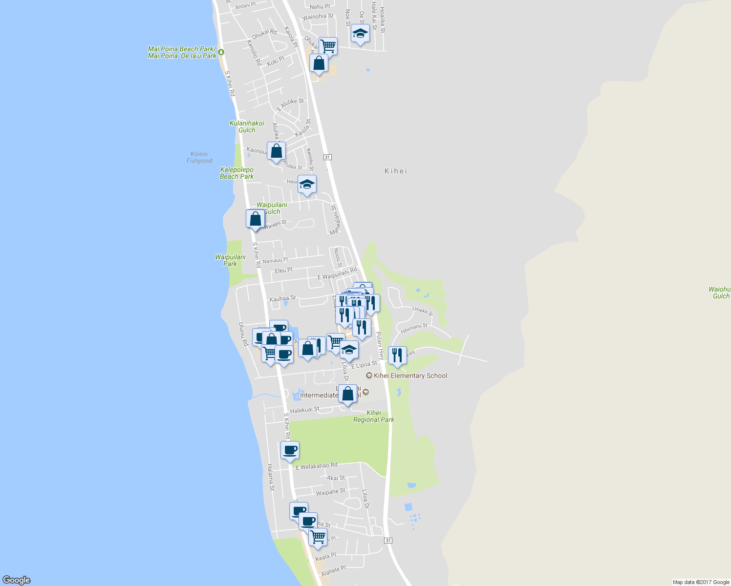 map of restaurants, bars, coffee shops, grocery stores, and more near 138 Luakaha Circle in Kihei