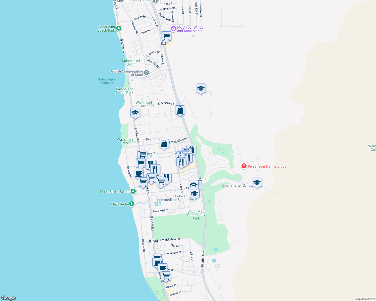 map of restaurants, bars, coffee shops, grocery stores, and more near 24 Waihili Place in Kihei