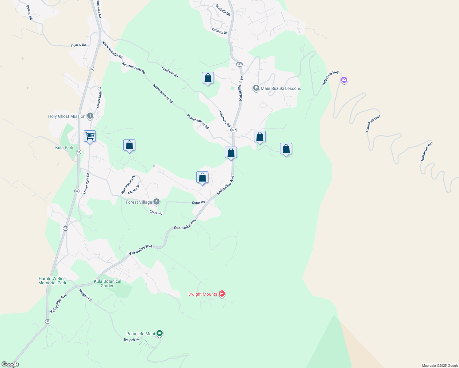 map of restaurants, bars, coffee shops, grocery stores, and more near 2176 Kekaulike Avenue in Kula